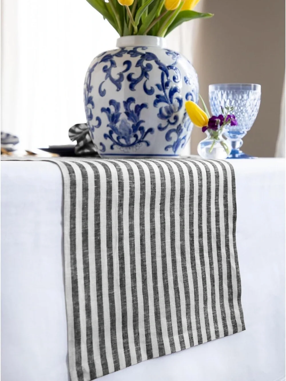 Solino Home 100% Pure Linen Table Runner, 14 x 120 in, Black, Amalfi Stripe new